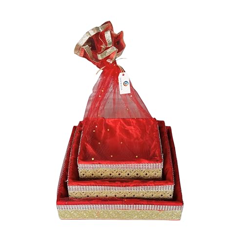 Image of (Set of 3-8 inch,10 inch,12 inch inch, Square, Red-Stone Lace) MDF Base Designer Gift Hamper Packaging Baskets with Net Cover, Gift Hamper Organiser Perfect for Any Occasion