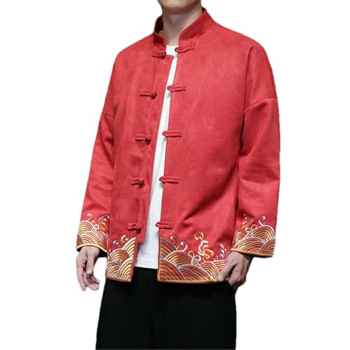 GaoLeAve Traje de tang chino para hombre cuello alto abrigo con botones de rana patrón bordado tradicional kung fu chaqueta camisa, rojo, XXL