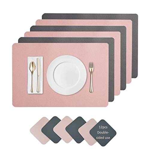 JDkilp Lot de 6 sets de table et sous-verres imperméables et antidérapants avec double épaisseur, en cuir lavable pour table à manger (rose gris foncé) Cover