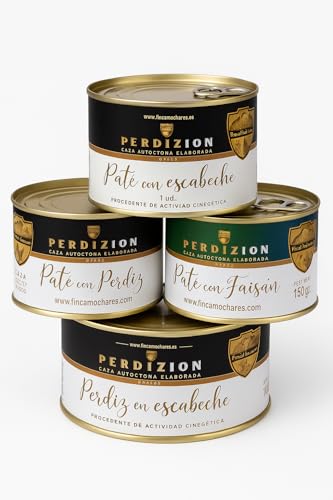 Pack Gourmet. Perdiz en Escabeche Especial 475 grs + Paté de Faisán artesano 150 gr + Paté de Pato artesano 150 gr + Paté de Perdiz artesano 150 grs. Regalo original.
