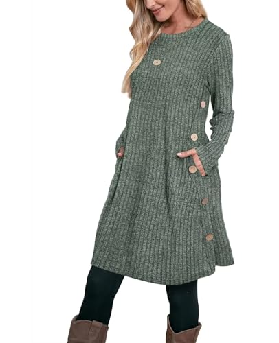 Aokosor Pulloverkleid Damen Langarm Kleider Strickkleid für Damen Winterkleid Tunika Kleid Jumper Kleid mit Knöpfen und Taschen Streifen Grün L