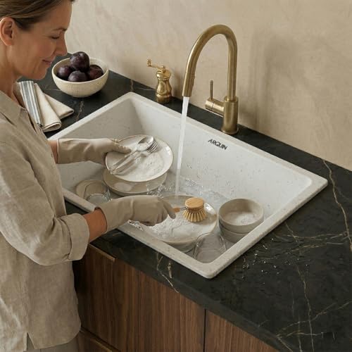 Image of ARQUIN Quartz Kitchen Sink 21x18x9 Inch Sand Pluto | Single Bowl Sink | Durable & Scratch-Resistant | Undermount /Topmount Including Coupling, Waste Pipe & Fruit Washing Basket