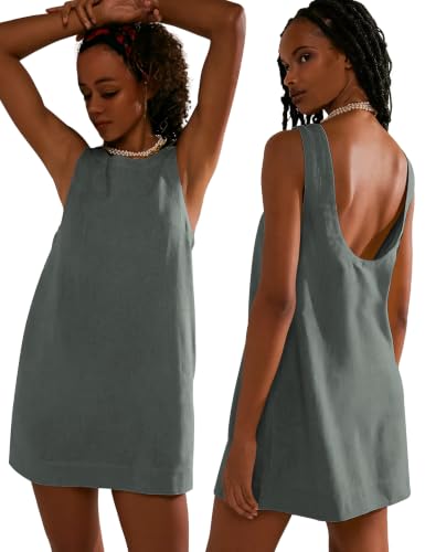 Image of VIUTIL Womens Summer Linen Mini Dress Boat Neck Low Back Sleeveless Tank Dresses with Pockets 2026 Vacation Outfits
