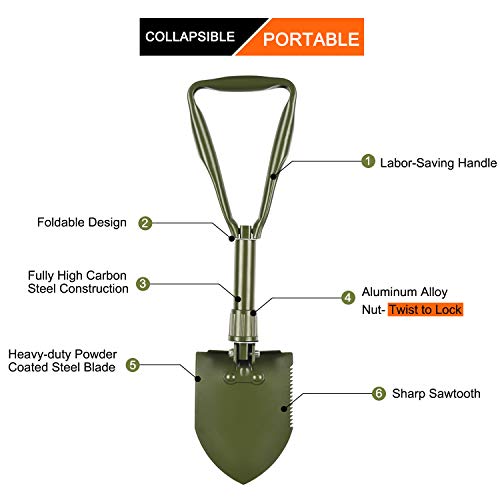 SUNHOO Collapsible Shovel Premium, Folding Spade Shovels for Digging, Portable Backpacking Car Emergency Kit, Military Style Entrenching Tool for Gardening | Lawn | Camping | Snow | Off Road - Thumbnail 6
