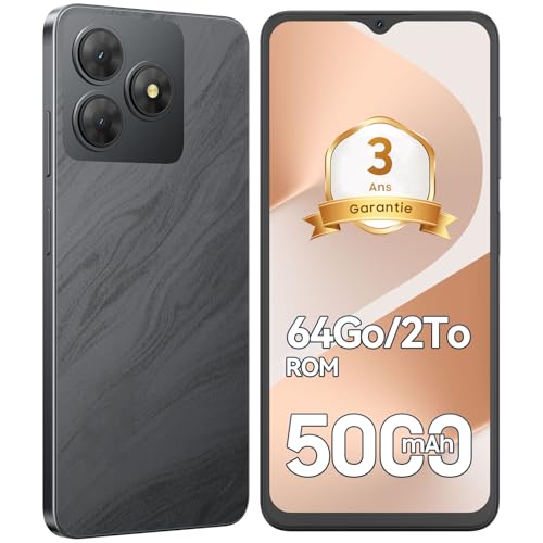 Ausriray Telephone Portable Android, 6Go+64Go/TF 2To, Octa Core, Écran 6.56' HD+, Batterie 5000mAh Smartphone, 13MP+8MP, Smartphone Pas Cher 4G Dual SIM, Face ID/GPS/3Ans De Garantie - Noir