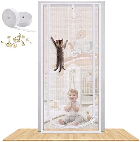 Cat Screen Door, MYPIN Upgraded 31.5X82 Heavy Duty Magnetic Screen Door for Cats Anti-mosquito Door Curtain Pet Fly Screen Door with Bilateral Zipper, Prevent Dogs Cats Running Out from Home(S)
