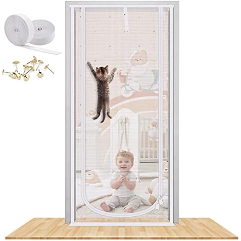 Reinforced Cat Screen Door, 32”X82” Heavy Duty Pets Proof Screen Door with Bilateral Zipper, Prevent Dogs Cats Running Out from Home, Bedroom, Living Room, Kitchen Patio Door Cover