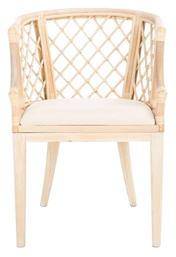 SAFAVIEH Home Collection – Carlotta Natural Rattan Arm Chair with White Cotton Cushion, Coastal Bistro Accent Chair for Dining, Living Room, Bedroom or Office (SEA4013B)