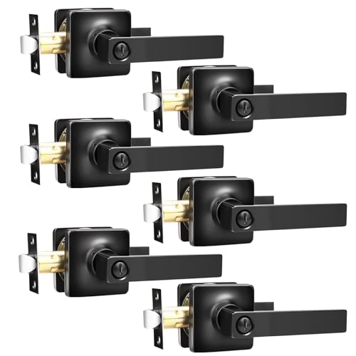 Image of GOBEKOR 6 Pack Matte Black Door Handle Privacy Door Levers Interior Door Handles with Lock Square Bedroom Bathroom Door Locks Modern Black Interior Door Hardware