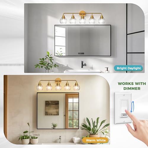 Image of DORESshop Bathroom Light Fixtures, 5-Light Gold Vanity Lights Over Mirror, Wall Lamp Clear Glass for Living Room Decor Bedroom Porch Cabinet