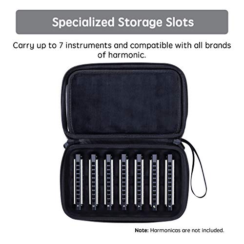 Focusound Harmonica Case, PU Leather Zippered Carry Case with Soft Mesh, Special Slots for 7 Harmonicas, Black