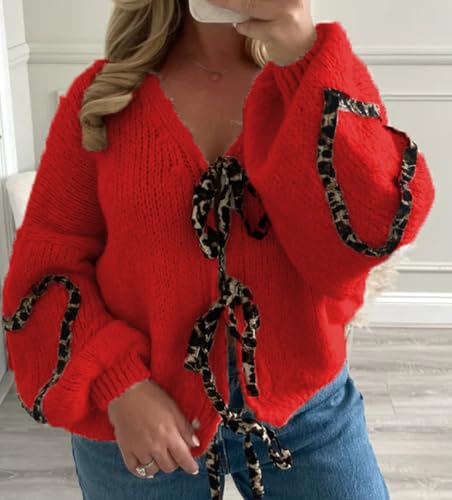 Image of Women's Tie Knot Leopard Heart Print Knit Cardigan Oversized V Neck Open Front Bandage Sweater Trendy Fall Knit Outwear