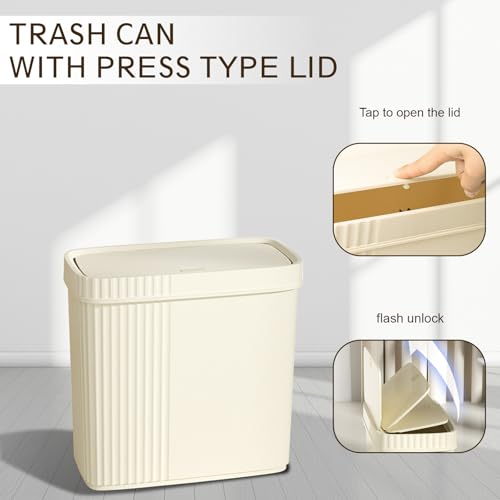UUJOLY Small Bathroom Trash Can with Lid Slim Wastebasket Garbage Can Plastic Container Basket Trash Bin for Kitchen, Laundry Room, Office, Kids Room, Dorm, Beige, 2.4 Gallon - Thumbnail 3