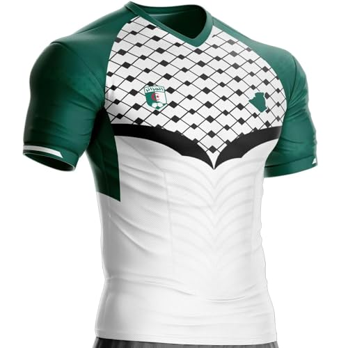 Maillot Algérie Football AG-46 Drapeau algérien, Motif Palestine (FR/ES, Alpha/Lettres, S, Taille Normale, Taille Normale, Blanc)