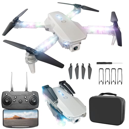 BEZGAR LED Lights Drone with Camera for Adults and Kids Beginners, White