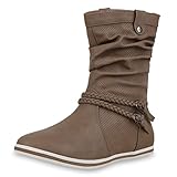  SCARPE VITA Bequeme Damen Stiefel Flache Schlupfstiefel Nieten Boots 165188 Khaki Zierknöpfe 42