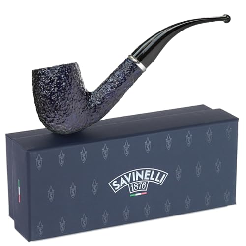 Savinelli Arcobaleno Rusticated Blue 606 KS - Colorful Hand Crafted Wood Pipes, Handmade Briar Pipe From Italy, 6mm, Bent Billiard