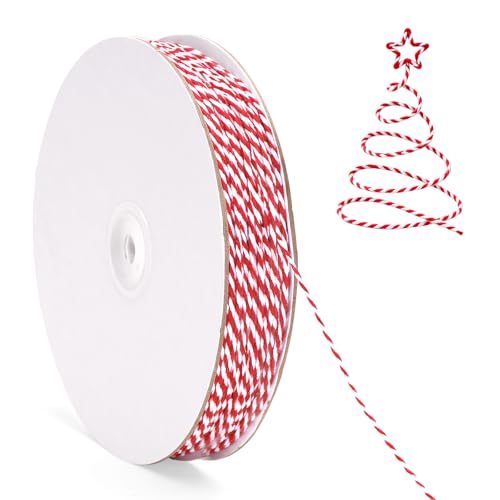 G2PLUS Red White Gift Wrapping String: 2mm Cotton Twine for Festive Wrapping Christmas Craft Holiday DIY and Decoration 100M