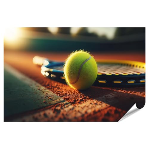 islandburner Póster XXL para aficionados al tenis y jugadores en la cancha, pelota de tenis y raquetas en foco, imágenes de alta calidad, impresión fotográfica