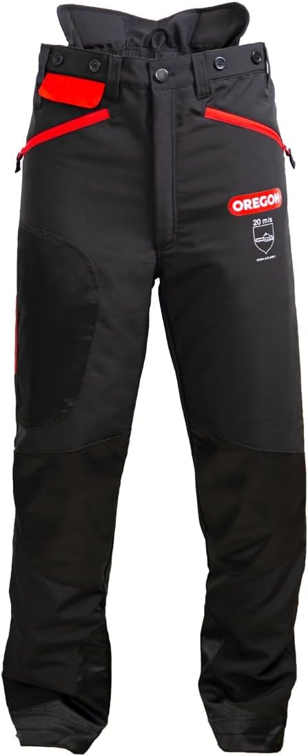 Oregon Waipoua - Pantalones de Seguridad para Motosierra, Tipo A, Clase 1, Ajustable, Ligero, Transpirable, Ropa Reforzada, Alta Visibilidad, Rojo/Amarillo/Negro