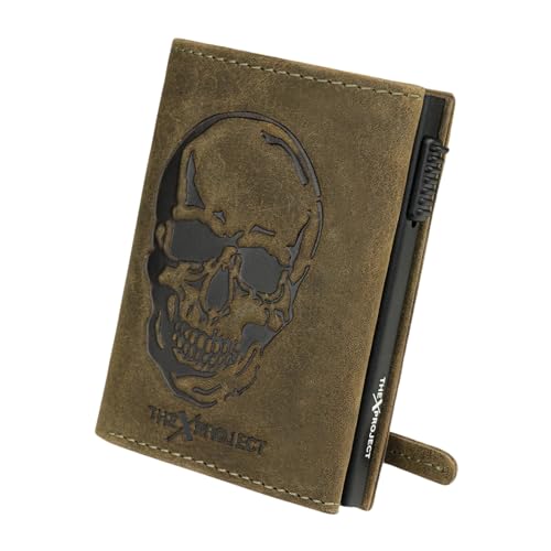 Image of The X Project Genuine Leather Wallet for Men | RFID Blocking Slim Bifold Wallet | Quick Card Eject Mechanism | Coin Pocket & ID Window | Premium Gift Box | Bold Skull Design (Greenish Brown)