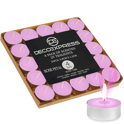 DECO EXPRESS Lot de Bougies Chauffe Plat de 200, 100, 50, 25 ou 24, Bougie Longue Durée de Combustion 4, 8 ou 10 Heures (Pétale de Rose 25/4 heures)