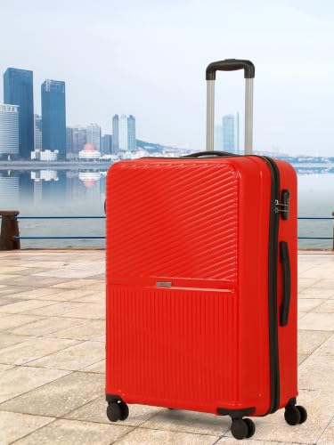 Image of Teakwood Large Size 8 Wheels Trolley Bag, Hard Cabin with Zipper Closure, Adjustable Push Button & Cross Side Strap, Number Lock System 360 Degree (Large, Red)