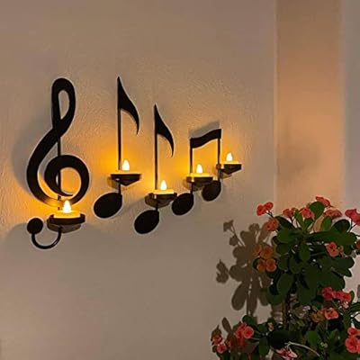Portavelas de notas musicales, candelabro de pared de metal negro, soporte para velas de té, candelabro decorativo con símbolo musical para decoración del hogar y sala de estar | Ya disponible en tu tienda friki favorita! En mundofriki.es!