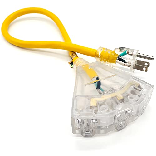 2-Ft 12/3 Heavy Duty 3-Outlet Lighted Sjtw Indoor/Outdoor Yellow Extension Cord By Watt's Wire - Short 2' 12-Gauge Grounded 15-Amp Power-Cord (2 Foot 12-Awg Yellow) #TOP1