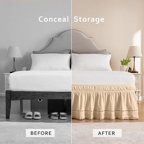 MIYE Wrap Around Ruffled Lace Bed Skirt, Elastic Dust Ruffle with Adjustable Belts, Easy to Put On, Bed Frame Cover, Machine Washable (Floral Lace/Cream, Full/Twin-15 Drop)