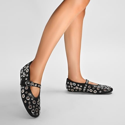 Ballet Flats for Women with Metal Hole Sparkling Buckle Strap Perforated Mary Jane Flat Women’s Eyelet Round Toe Ballerina Shoes Low Heel Casual Dress Flats3