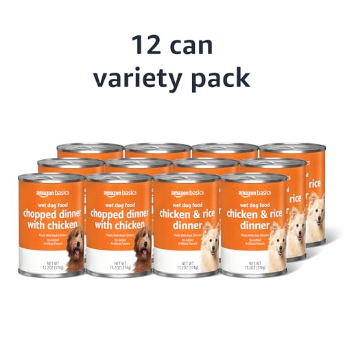 Image of Amazon Basics Chopped Ground Dinner Wet Dog Food Variety Pack, Chicken and Rice Flavor and Chopped Dinner with Chicken, Made with Natural Ingredients, 13.2oz Cans (Pack of 12)