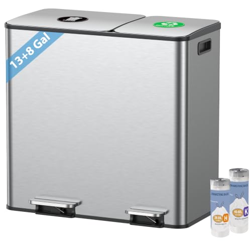 Dual Trash and Recycling Bins for Kitchen, 13+8 Gal Dual Trash Can, Silver | Stainless Steel,Soft Close Lid Large Garbage Can 2 Magnets Sticker 30 PCS Trash Bags for Families Home 50 + 30 L Trash Can