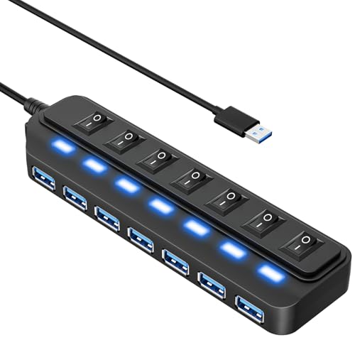 WIRWTRU USB Hub 7 Port,USB 3.0 Hub Splitter with Individual On/Off LED Switches, USB Hub for PC, 5Gbps HighSpeed Data for Laptop, Mac, PC, Desktop, PS5, Xbox and More