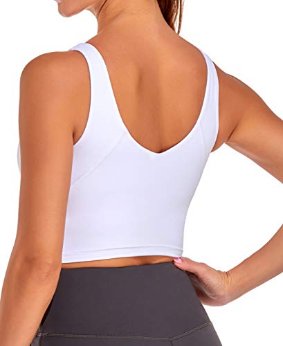 Image of Oalka Sports Bra Womens Longline Padded Crop Yoga Tank Tops | Built in Bras, Workout, Athletic, Fitness, Super Soft, Comfort, Cropped Top, Removable Pads, Heart Neckline For Women