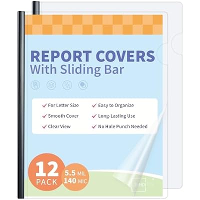 Binditek 12 Pack Clear Report Covers with Sliding Bars, 25 Sheet Capacity, 5mm Binding Bars, Letter Size, 5.5 Mil Thick, Black, for Students and Coworkers