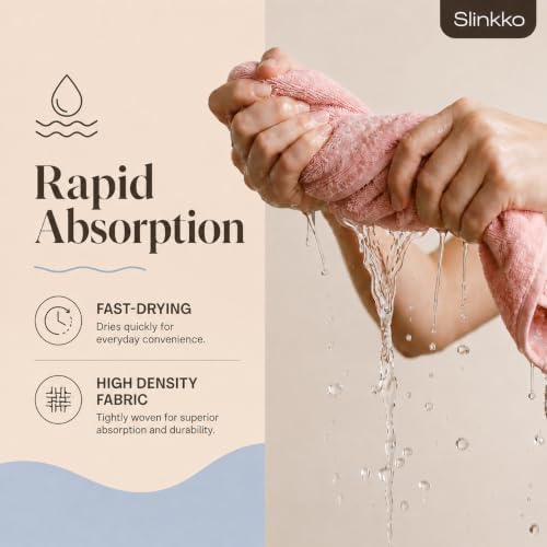 Slinkko Microfiber Hair Towel Wrap for Women – Ultra Absorbent Quick Dry Turban | Button & Loop Design | Soft Lightweight Fabric | Reduces Frizz & Breakage | All Hair Types | Pink & Beige — view 6