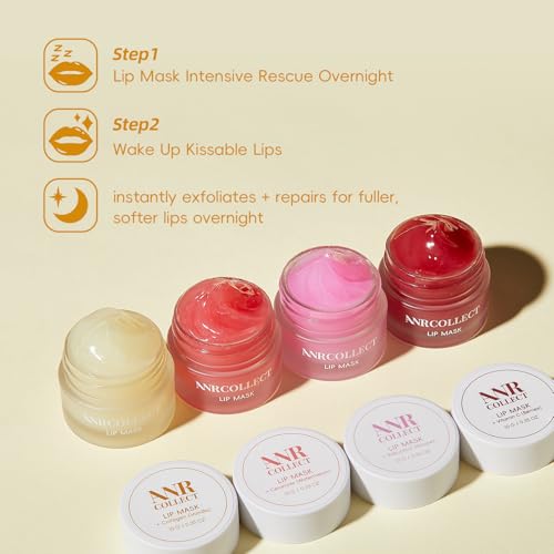 ANRCOLLECT Lip Mask Overnight Set, 4Pcs Lip Care Hydration Treatment Exfoliator Mask Kit, Revives & Nourishes Gift Set for All Day Moisturizing with Collagen & Shea Butter - Image 8