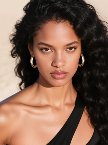 Image of Stainless Steel Chunky Hoop Earrings For Women, Minimalist and Chic, Black /Gold Plated, Round Hoops Earrings Hypoallergenic, Size: 30mm /40mm /60mm /80mm, Come with Box