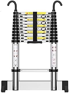 Teenza 3.2M Telescopic Ladder, Extension Ladder with Hooks and Stabilizer, Portable Loft Ladders Aluminium, Max Load 150kg/330lb