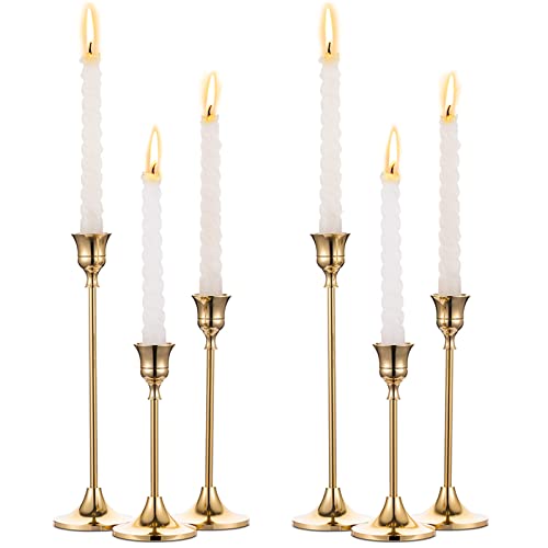 2 Sets(6 Pcs) Brass Gold Metal Taper Candle Holders Candlestick Holders, Vintage Modern Decorative Centerpiece Candlestick Holders for Table Mantel Wedding Housewarming Gift