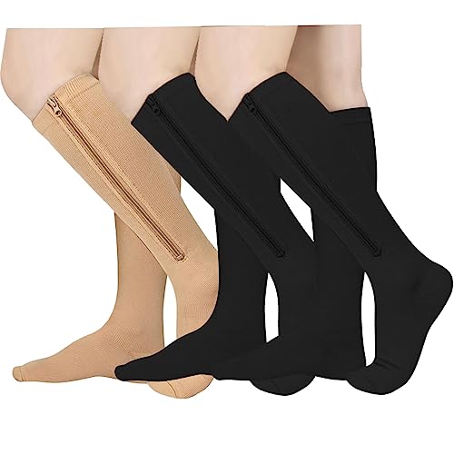 Image of Athbavib 3 Pairs Zipper Compression Socks, 15-20 mmHg Closed Toe Compression Stocking with Zipper for Women and Men