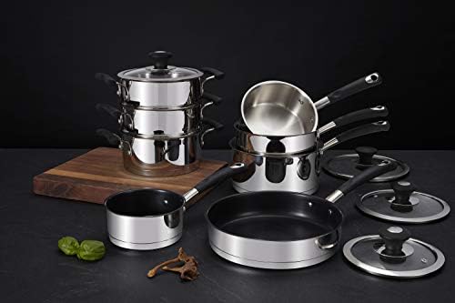 Tower T900100 Precision 8 Piece, Premium Pan Set, Black Diamond Non-Stick Ceramic Coating, Stainless Steel