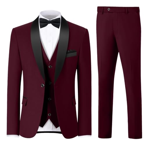 ZKHOECR Herren 3-teiliges Slim-Fit-Anzug-Set mit einem Knopf, Schal, Revers, Jacke, Weste, Hose, Smoking, Set mit Fliege und Einstecktuch, Burgunder, S