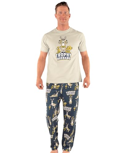 LazyOne 男性用パジャマセット、半袖コットンパジャマシャツとパンツ、面白いアニマルプリント、男性用快適なパジャマ, Trophy Husband ブルー パジャマセット, Mediumの商品画像（Amazon）