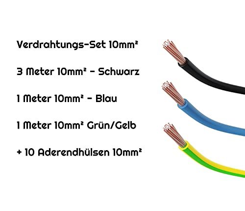 2. Bild von CusoTec Verdrahtungsleitung Set 10mm² Einzelader Aderleitung Verdrahtungsbrücken für Zählerplatz schwarz 3m - blau 1m - grüngelb 1m + 10 Aderendhülsen