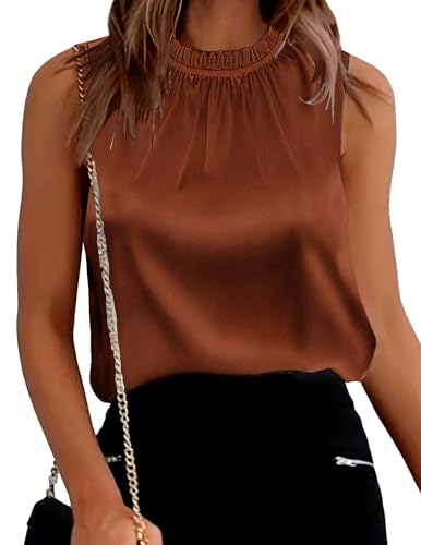 SimpleFun Summer Tank Tops for Women Silk Pleated Shirts Sleeveless Mock Neck Satin Blouses Casual Basic Camisoles Layering Office Clothes Brown L