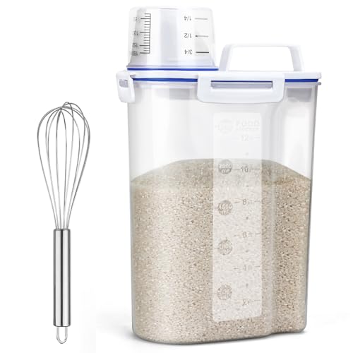 Uppetly Rice Airtight Dry Food Storage Containers, BPA Free Plastic Sealed Holder Bin Dispenser with Pouring Spout, Measuring Cup for Cereal, Flour and Oatmeal, Include a Stainless Steel Whisk