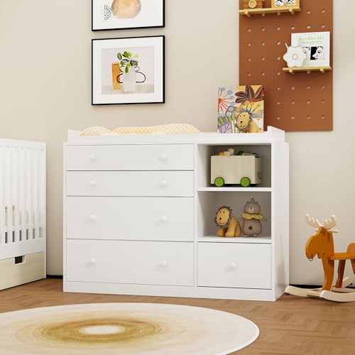 Timechee Changing Table Dresser, Baby Dresser with 5 Drawers and 2 Shelves, Multi-Functional Baby Changing Table, Classic Nursery Dresser, Diaper Changing Station for Children\'s Room, White