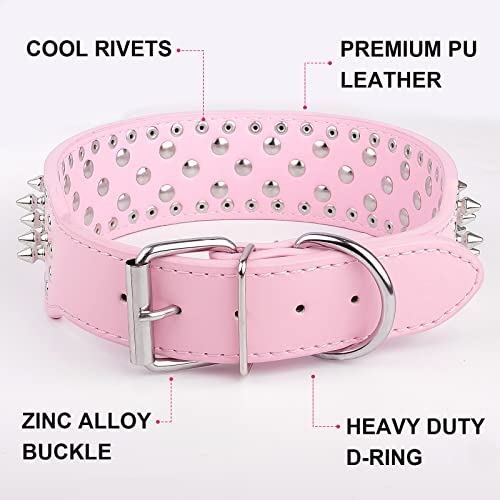 Epesiri Adjustable Wide Spiked Dog Collar, Mushroom Rivet Pu Leather Cat Dog Collars, Durable Spike Studded Pet Collar For Small Medium Large Breed, Pitbull Mastiff Bulldog Pugs Husky Rottweiler, Pink #TOP2